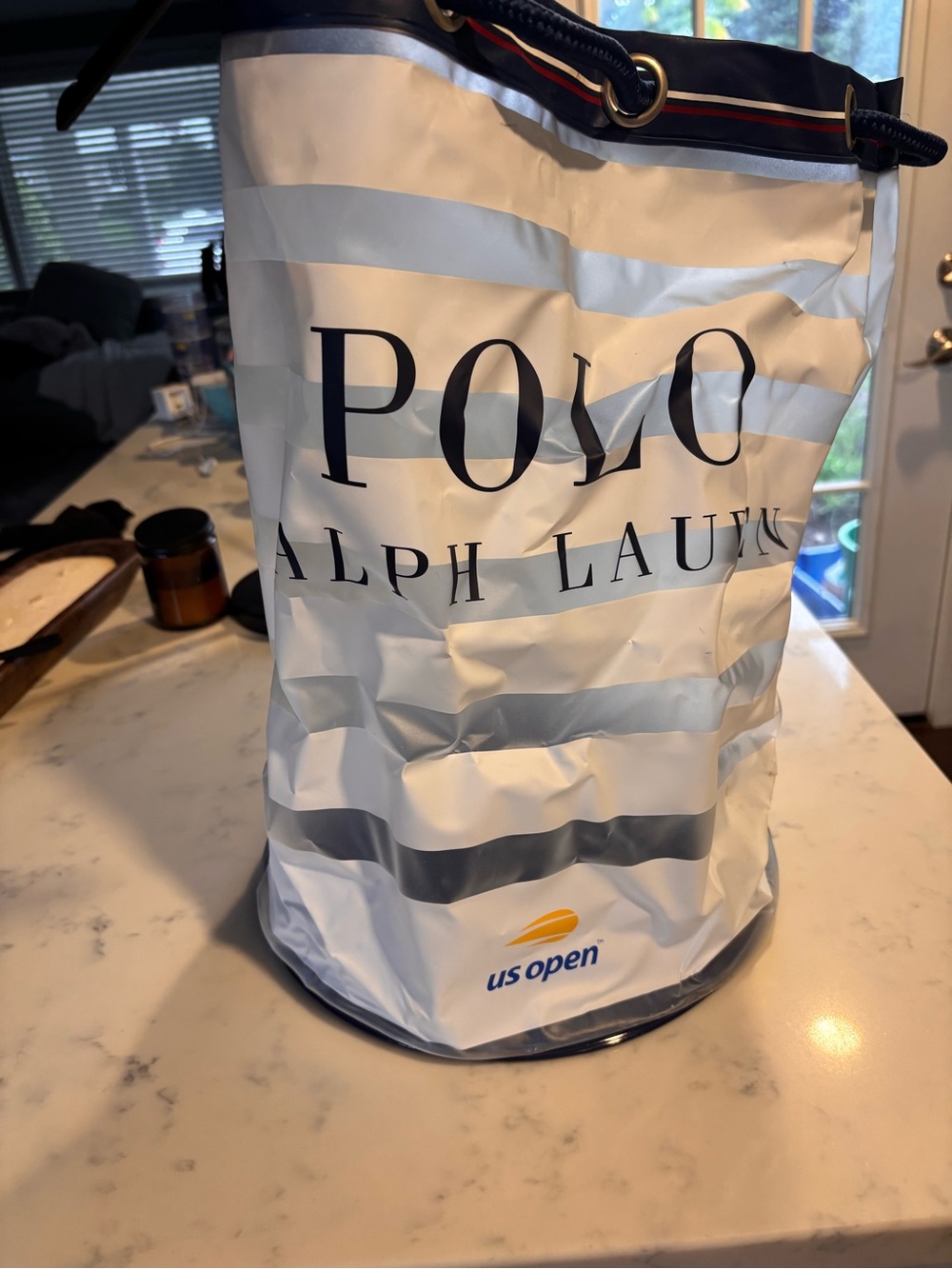 Polo by Ralph Lauren White & Light Gray Striped US Open Drawstring Bag